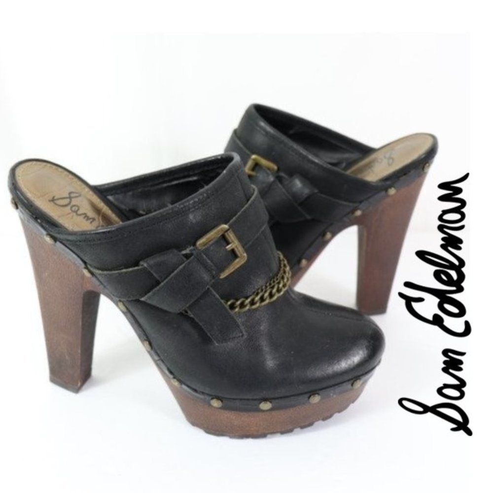 SAM EDELMAN FLAIR Chain Detail Strap Buckle LEATHER Clogs